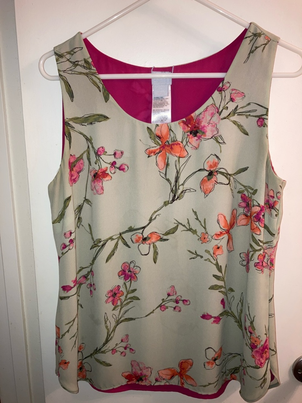 Chico's Floral Reversible Sleeveless Shirt - Olive Green Floral & Fuchsia Pink